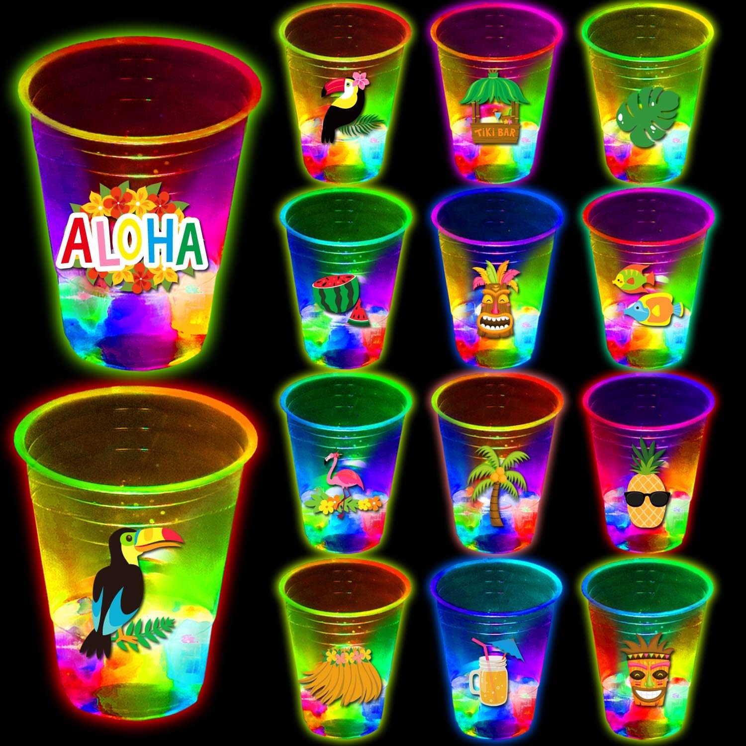 Mishunyus 24 Piece Glow Hawaiian Luau Party Cups front view with LED lights.