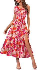 MEROKEETY Womens One Shoulder Smocked Summer Sleeveless Midi Dresses | Side Slit, Tiered, High Waist, Shoulder Tie, Flowy, A Line, Formal, Cocktail Party, Wedding Guest, Beach, Vacation Long Dress - Image 12