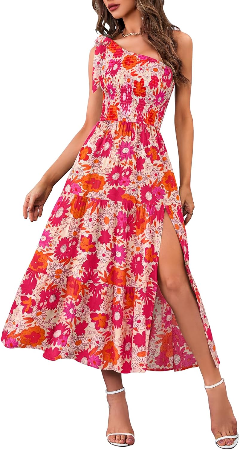 MEROKEETY Womens One Shoulder Smocked Summer Sleeveless Midi Dresses | Side Slit, Tiered, High Waist, Shoulder Tie, Flowy, A Line, Formal, Cocktail Party, Wedding Guest, Beach, Vacation Long Dress - Image 12