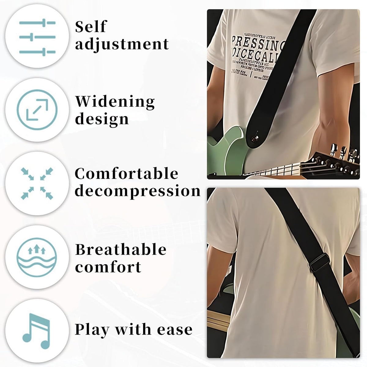 Full length display of the Qivorimith guitar strap packaging and contents