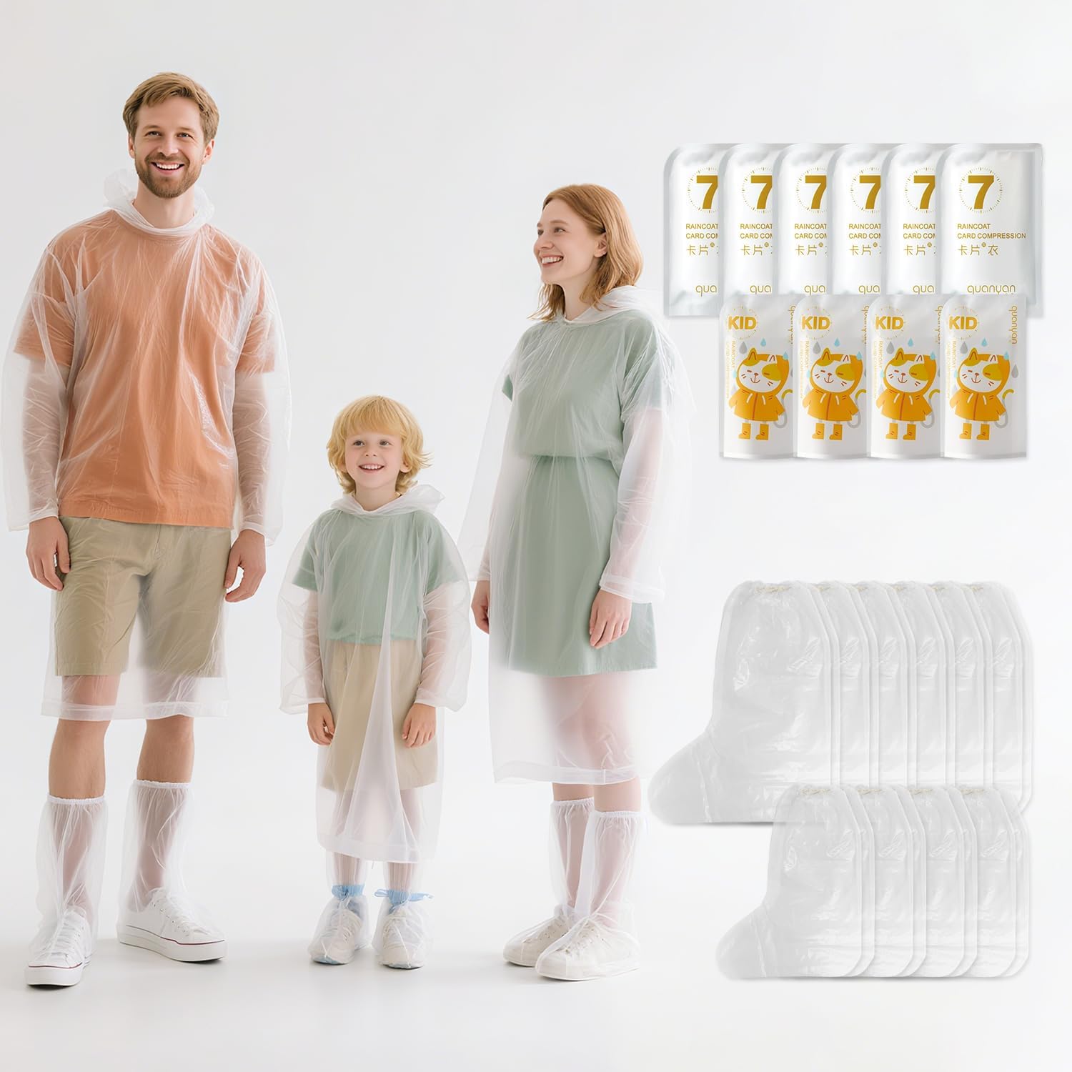 EQUNROY Ponchos Family Pack showing front view of packaged clear disposable raincoats