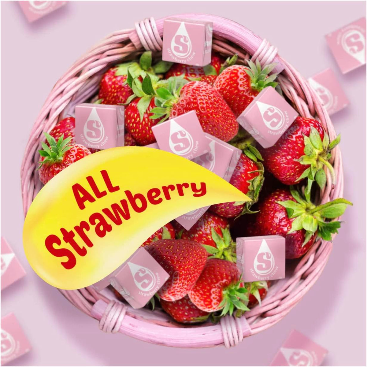 Starburst All Pink Strawberry Chews individually wrapped candies spread out