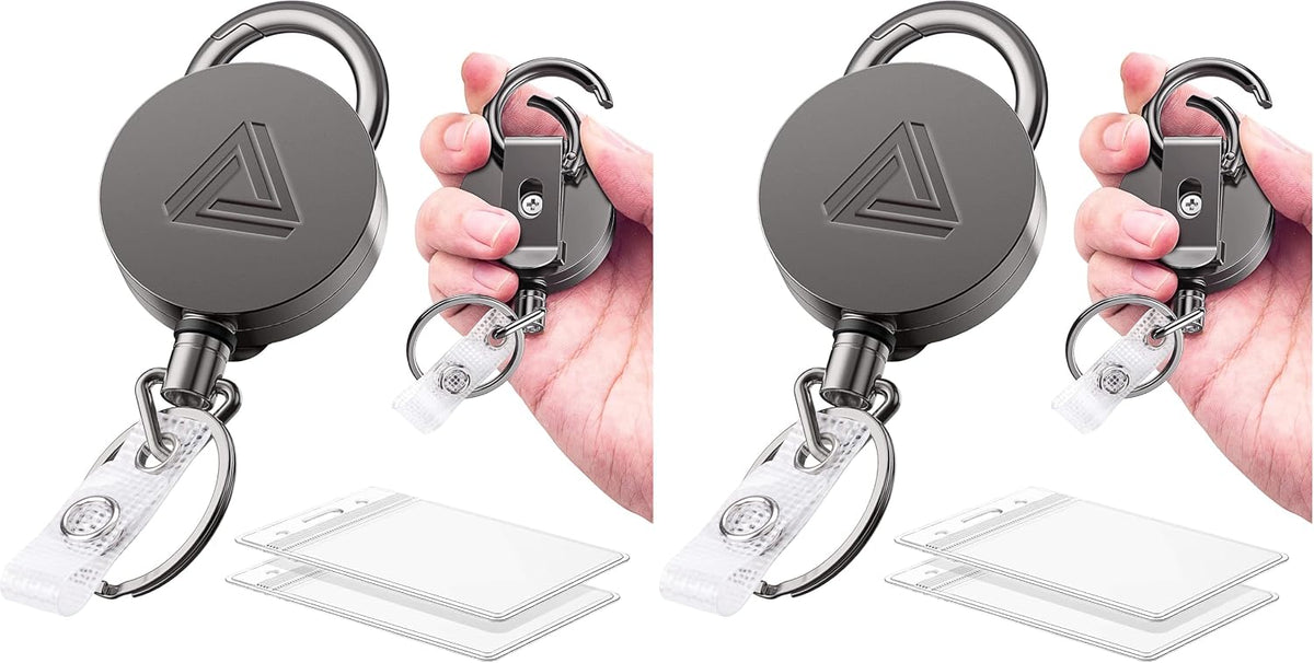 Azrra retractable keychain displayed with ID card and keys