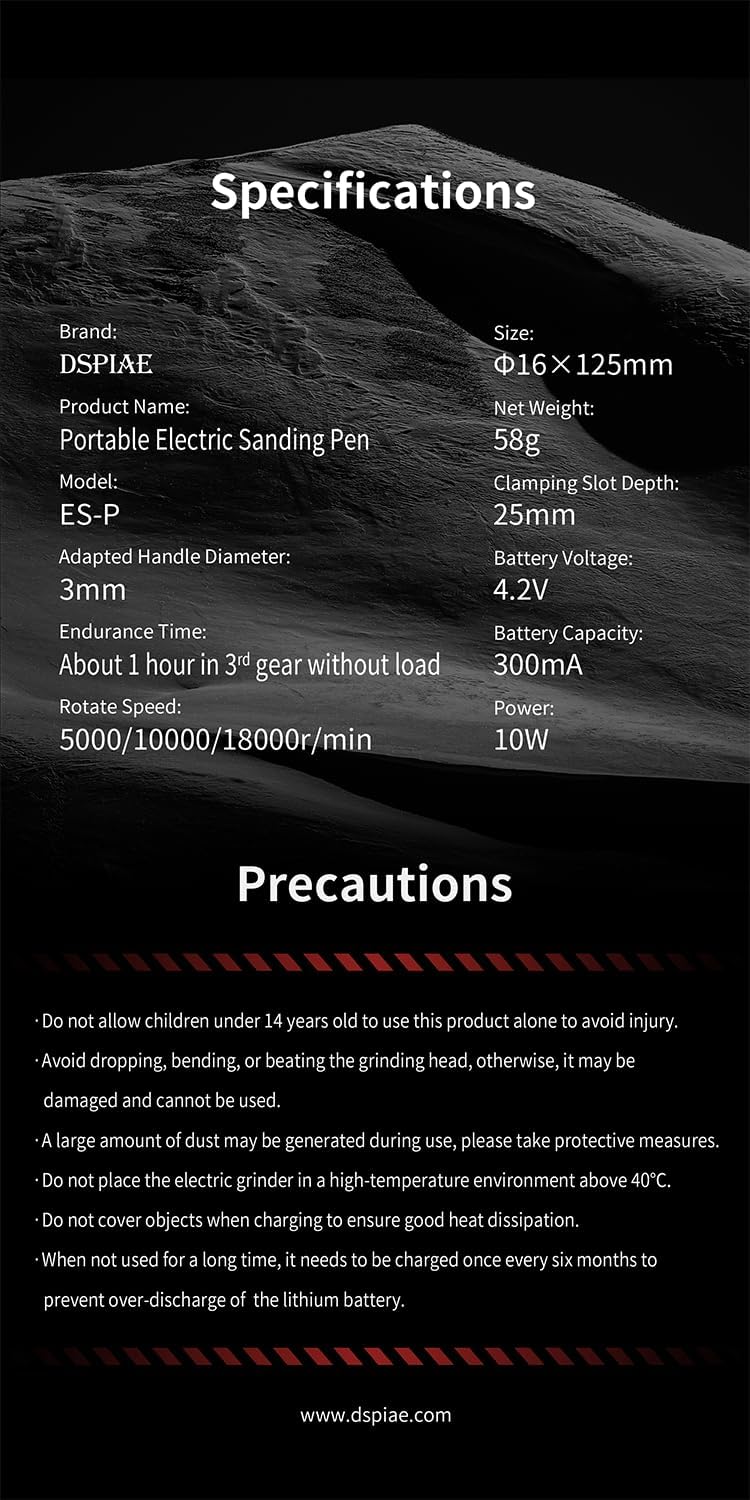DSPIAE Portable Electric Sanding & Sharpening Pen - 3-Speed Mini Drill & Hobby Tool for Resin, Jewelry, DIY Crafts, Fine Polishing, Detail Grinding, 3mm Drill Compatible, Pen Sander Kit - Image 9