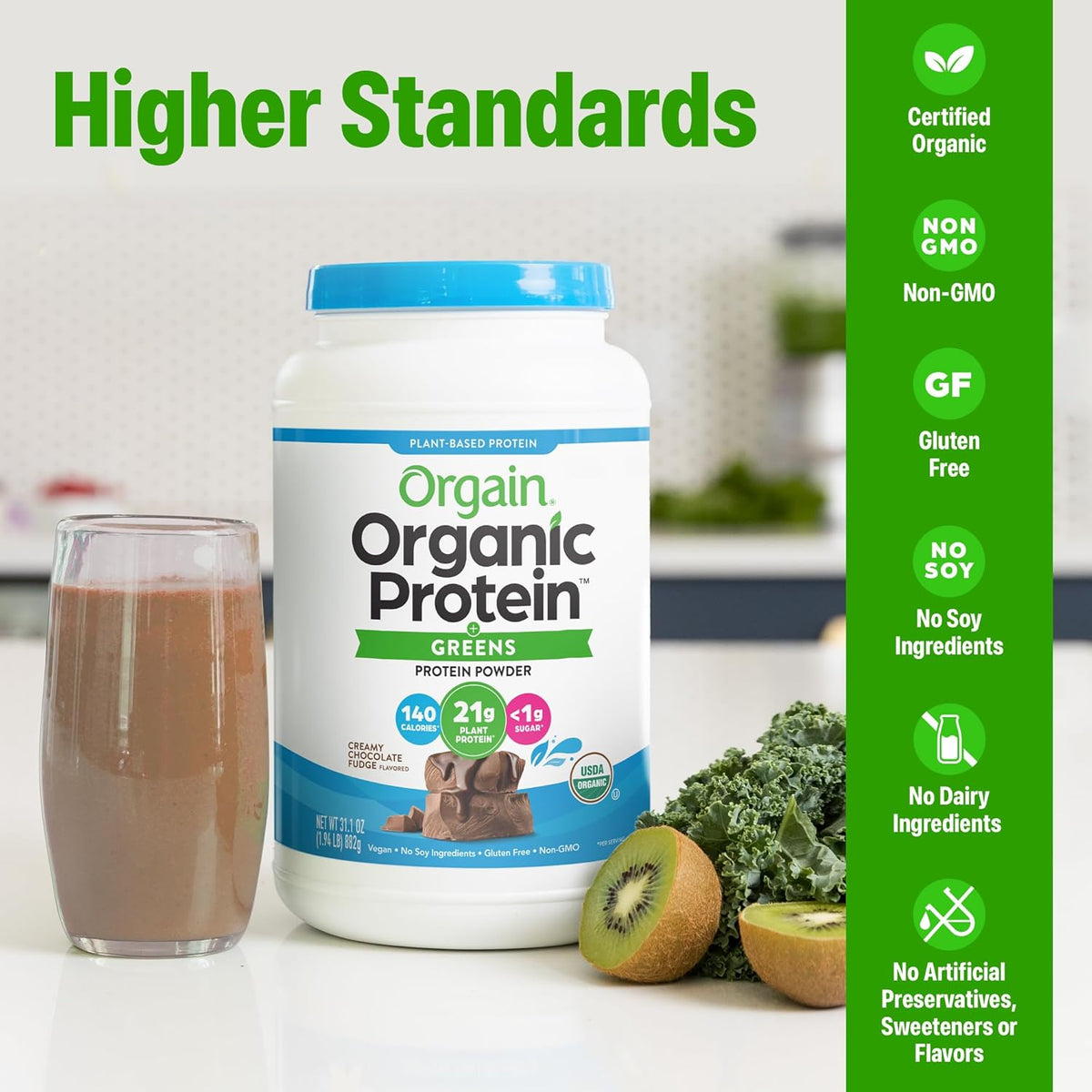 Orgain Organic Vegan Protein Powder + Greens, Creamy Chocolate Fudge - 21g Plant Based Protein, Gluten Free, Dairy & Lactose Free, Soy Free, No Sugar Added, Iron & Prebiotics for Gut Health - 1.94lb - Image 3
