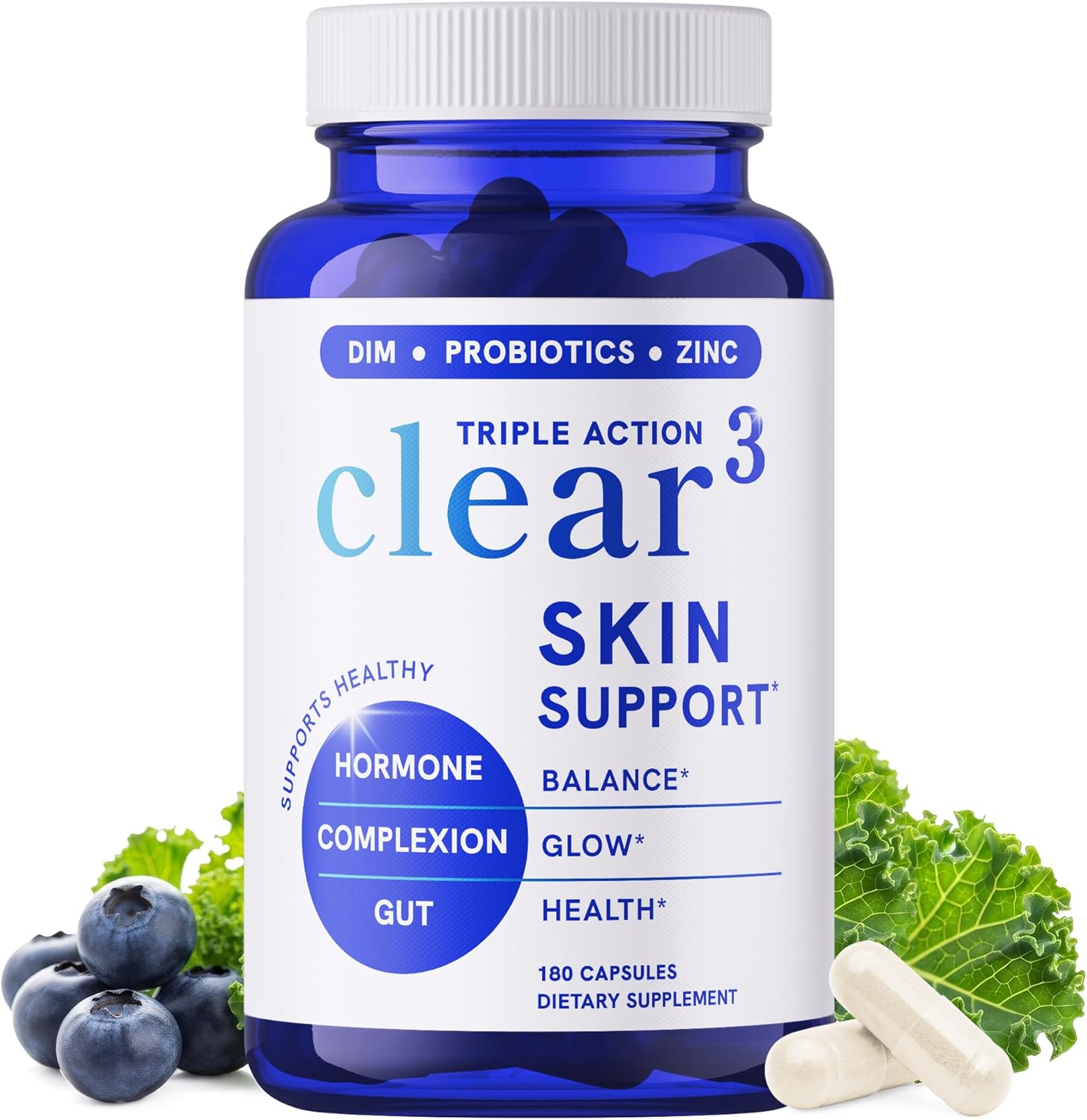 Clear Skin Supplement with Zinc, DIM & Probiotics | 3-in-1 Balance, Glow & Health Skin Support | Triple Action Hyaluronic Acid, Niaciminide & Vitamins for Hormone, Complexion & Gut Support | 180 Ct - Image 1