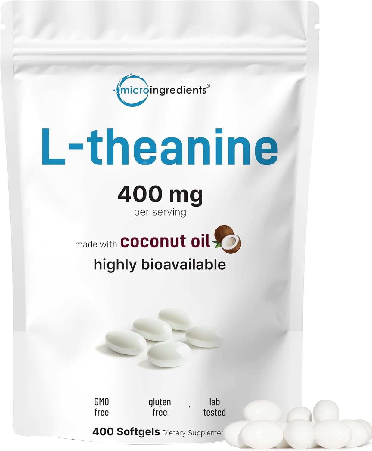 Micro Ingredients L-Theanine 400mg softgels front view pouch packaging
