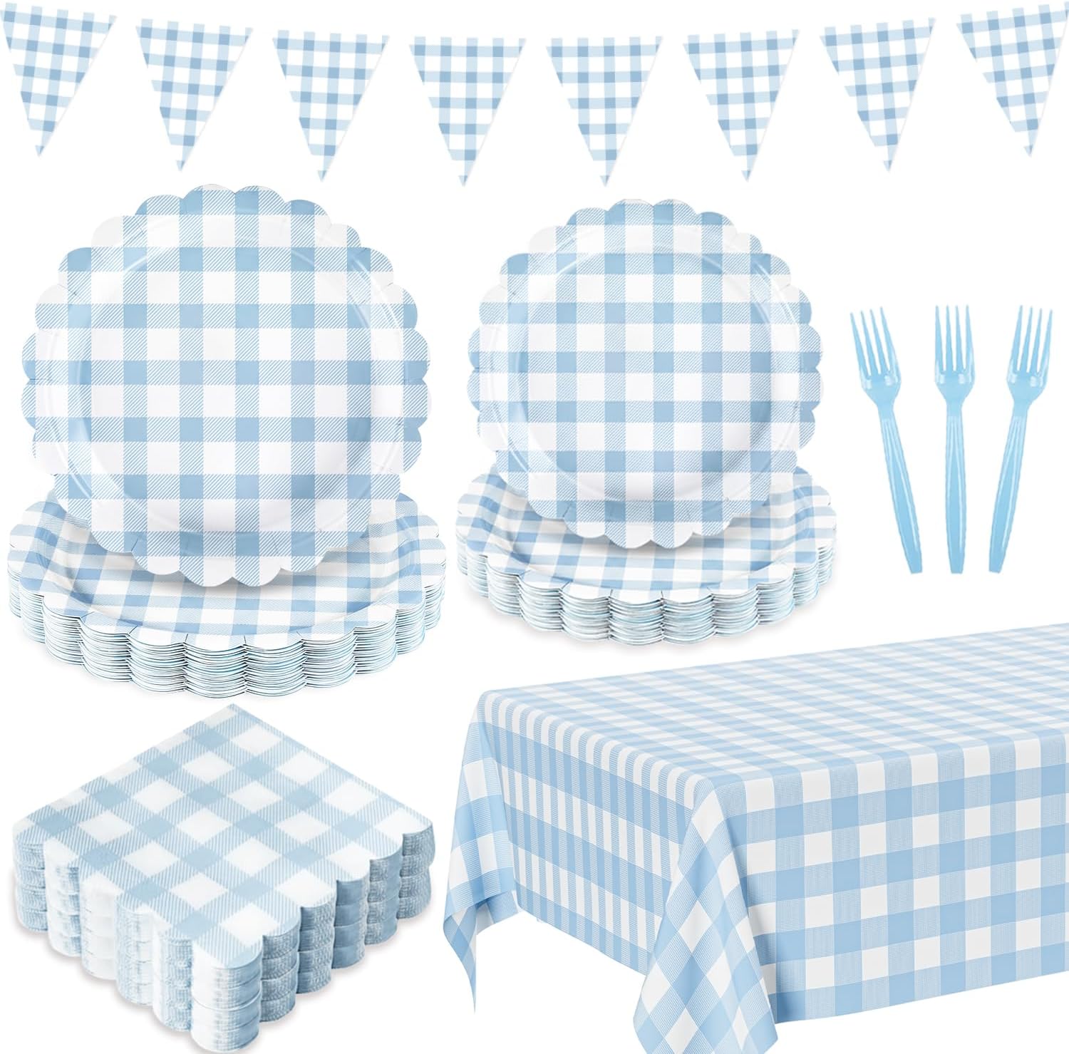 Houuqe 102 pieces light blue gingham party supplies set front view