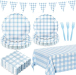 Houuqe 102 pieces light blue gingham party supplies set front view