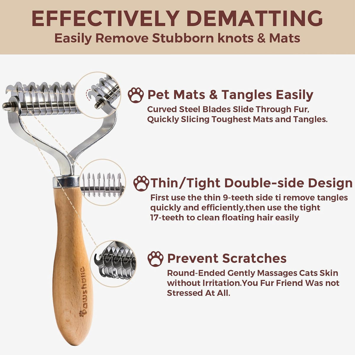 Pawsholic grooming tool showing detangling side for knots