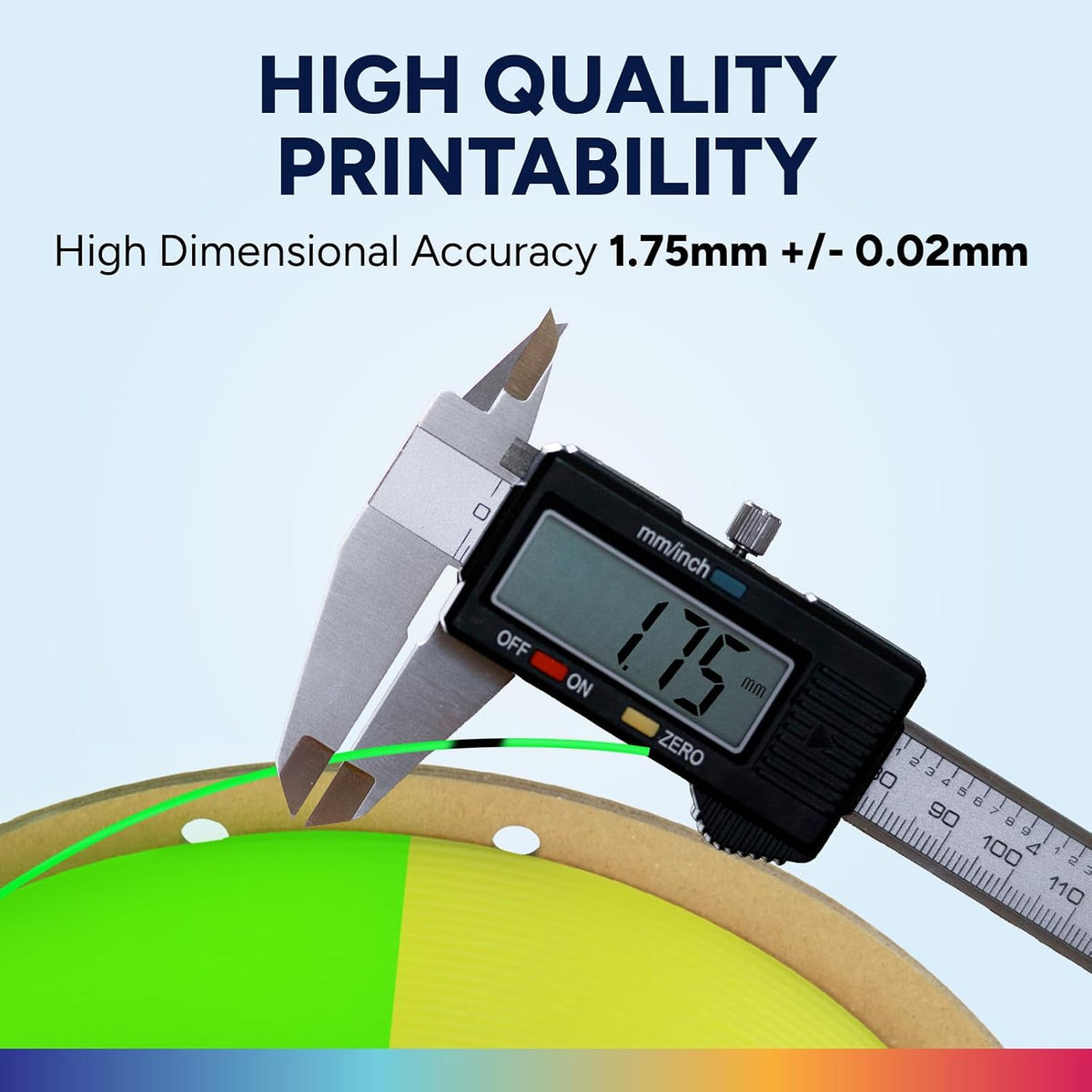 OVERTURE Glow PLA 1.75mm filament close up texture and diameter measurement