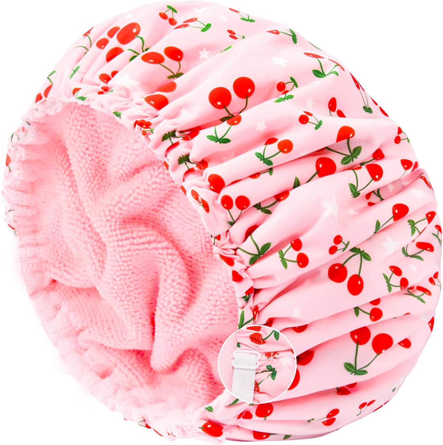Aileam pink cherry print terry lined shower cap front view