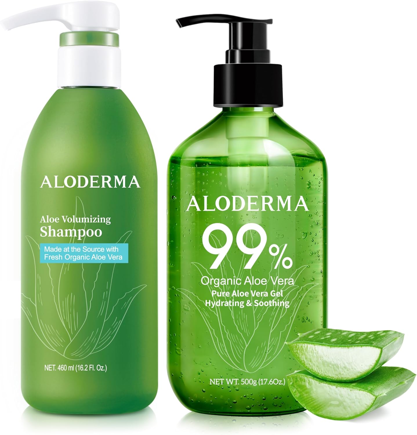 Aloderma Aloe Hair and Body Care Set front view showcasing the volumizing shampoo bottle and the large aloe vera gel value pump