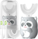 ELOTAME kids electric u shaped toothbrush front view showing the gray cartoon raccoon handle design and food grade silicone mouthpiece.