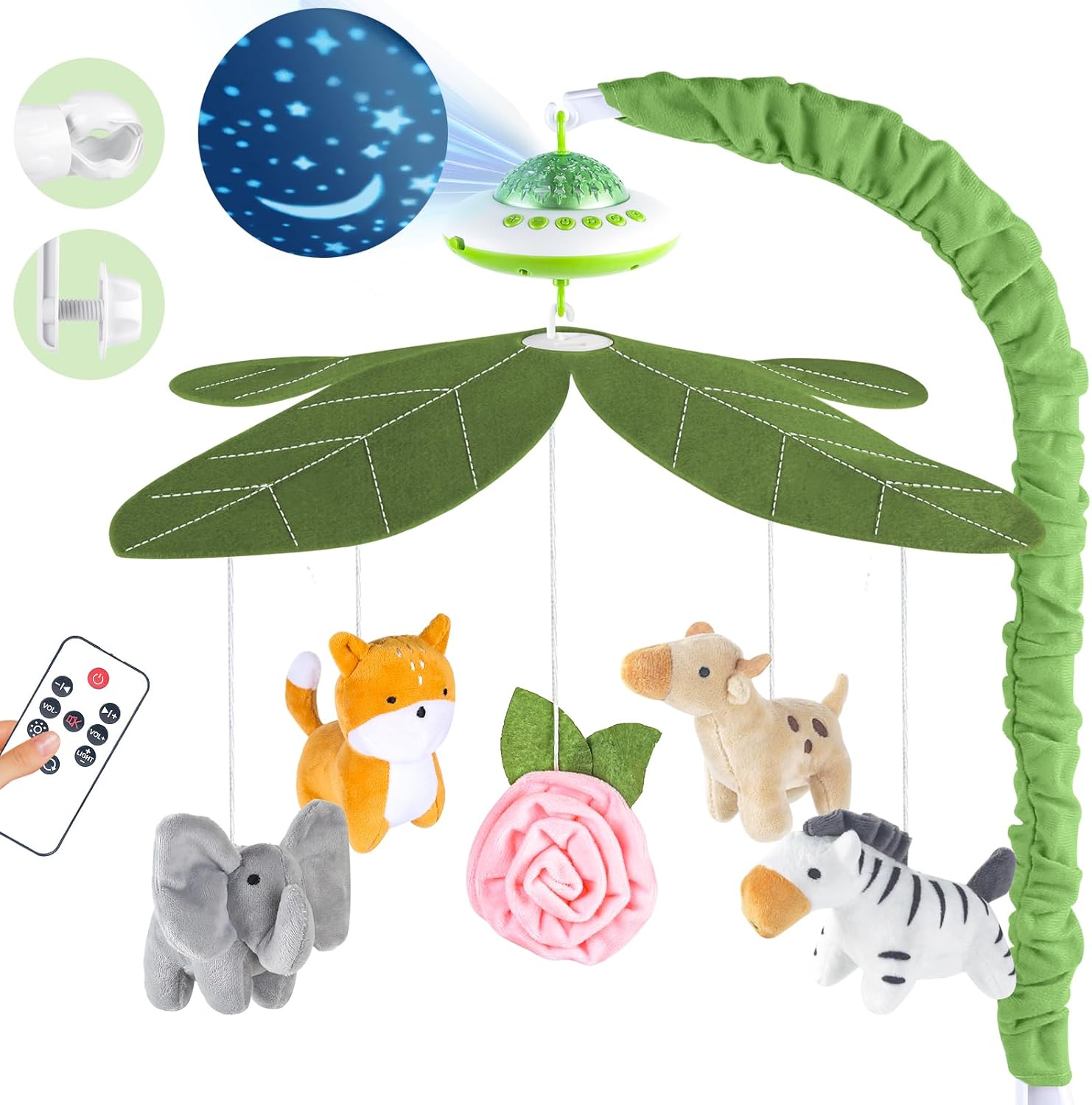 VZO Playix baby crib mobile front view attached to a white wooden nursery cot