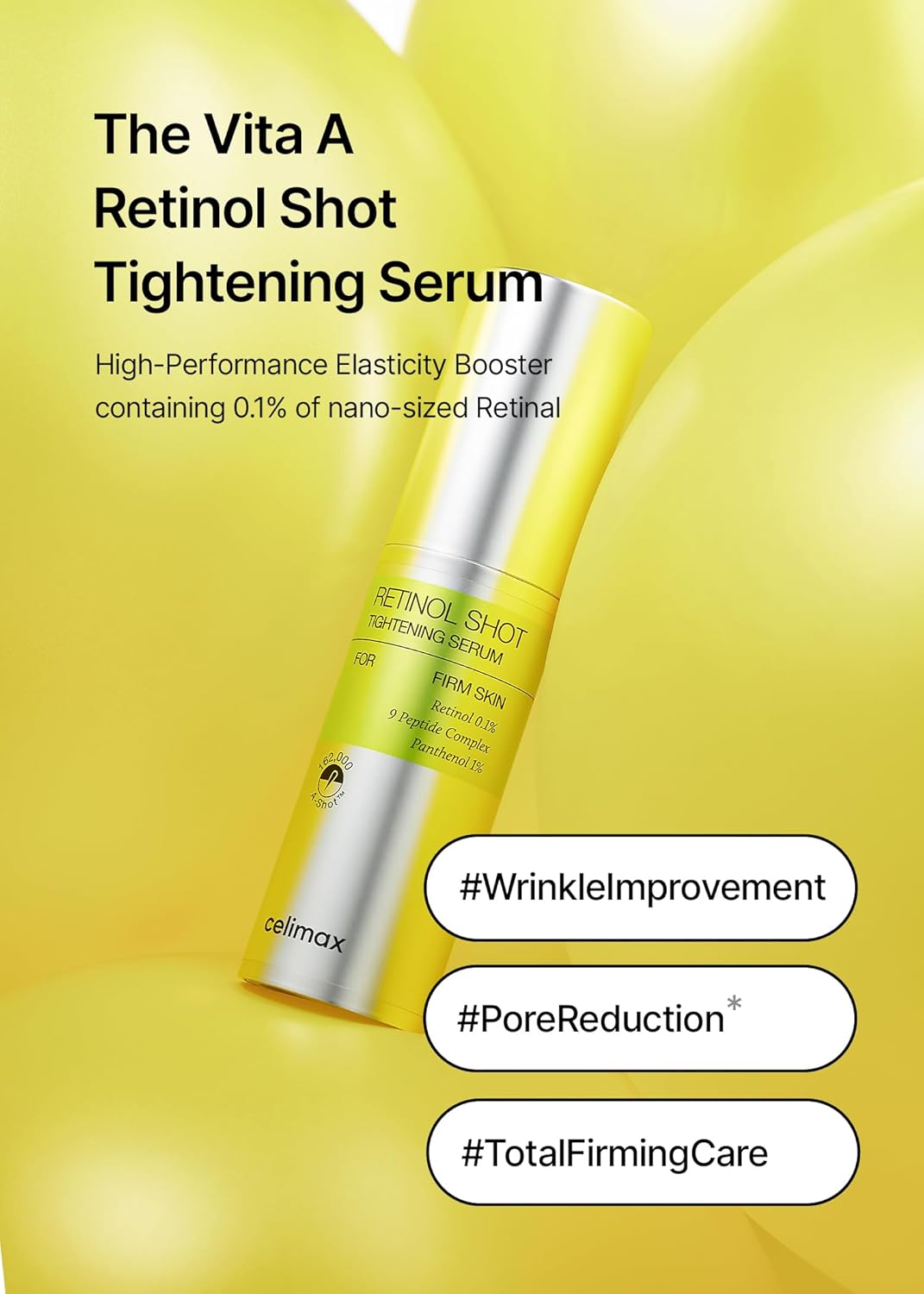 Authentic Celimax Korean retinol tightening serum and booster packaging for night routine.