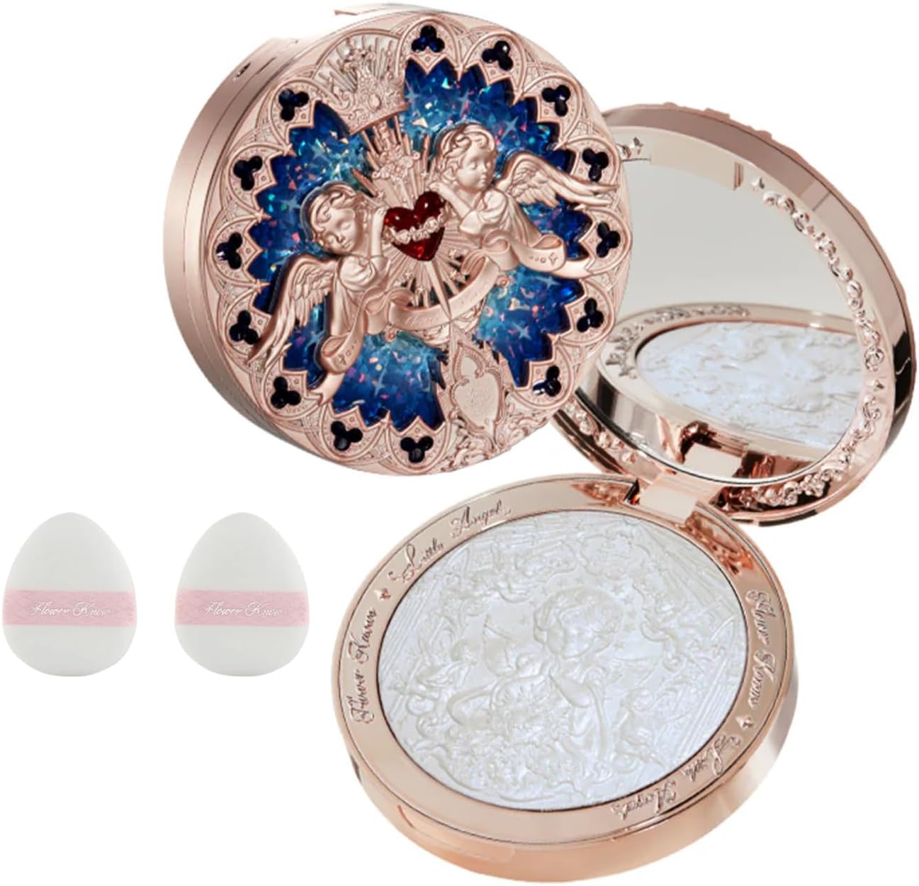Flower Knows Little Angel Embossed Highlighter L01 Cool Starlight front view of rose gold angel compact