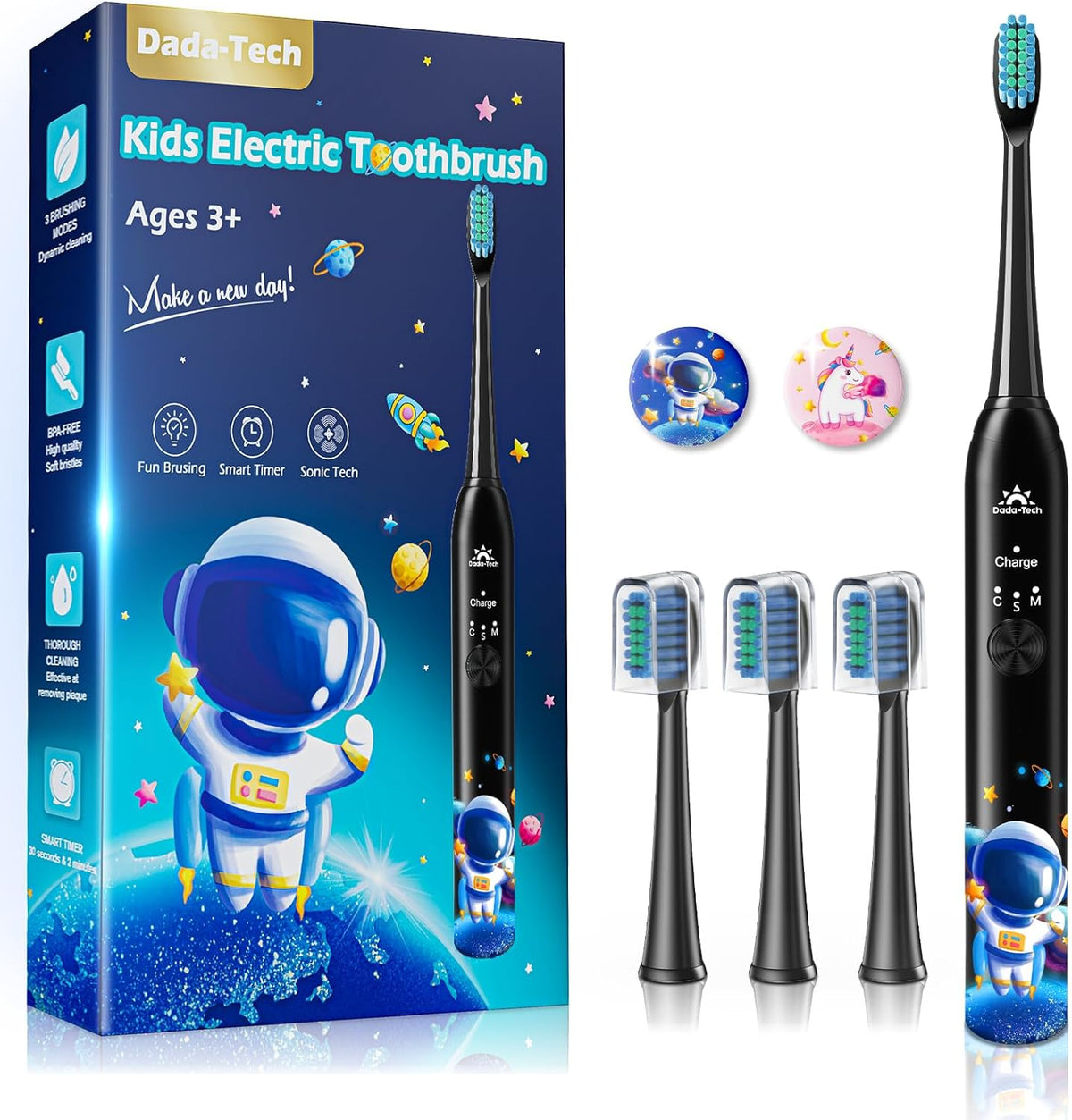 DADA-TECH kids electric toothbrush rechargeable astronaut black front view showing the sleek handle and premium brush head