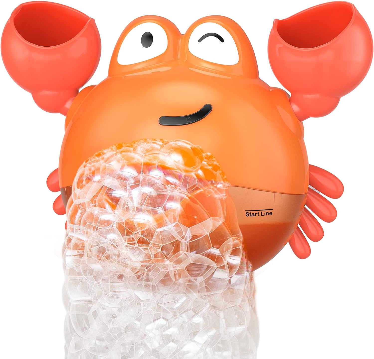 KINDIARY Crab Bath Bubble Maker front view showing red plastic body and large white eyes.