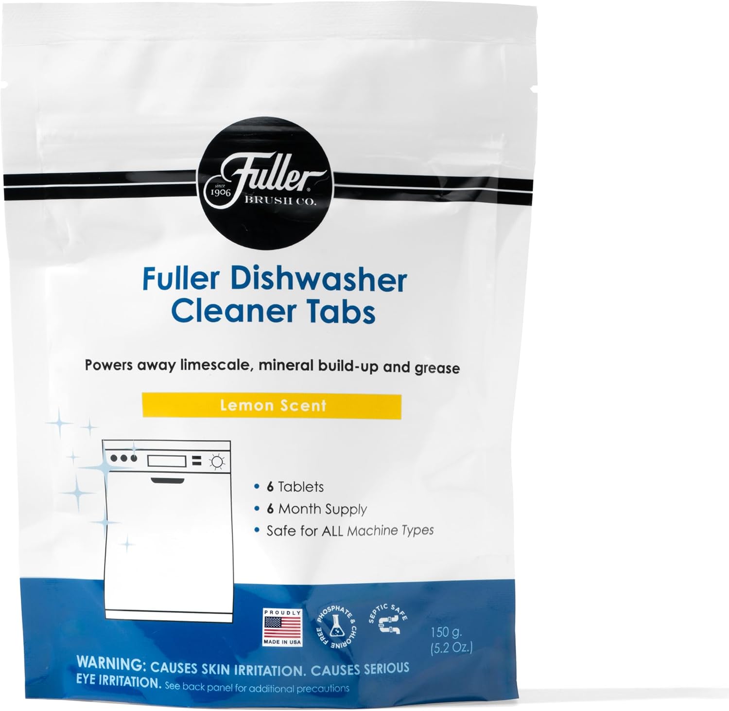 Fuller Dishwasher Cleaner Tabs front view showing lemon scent packaging