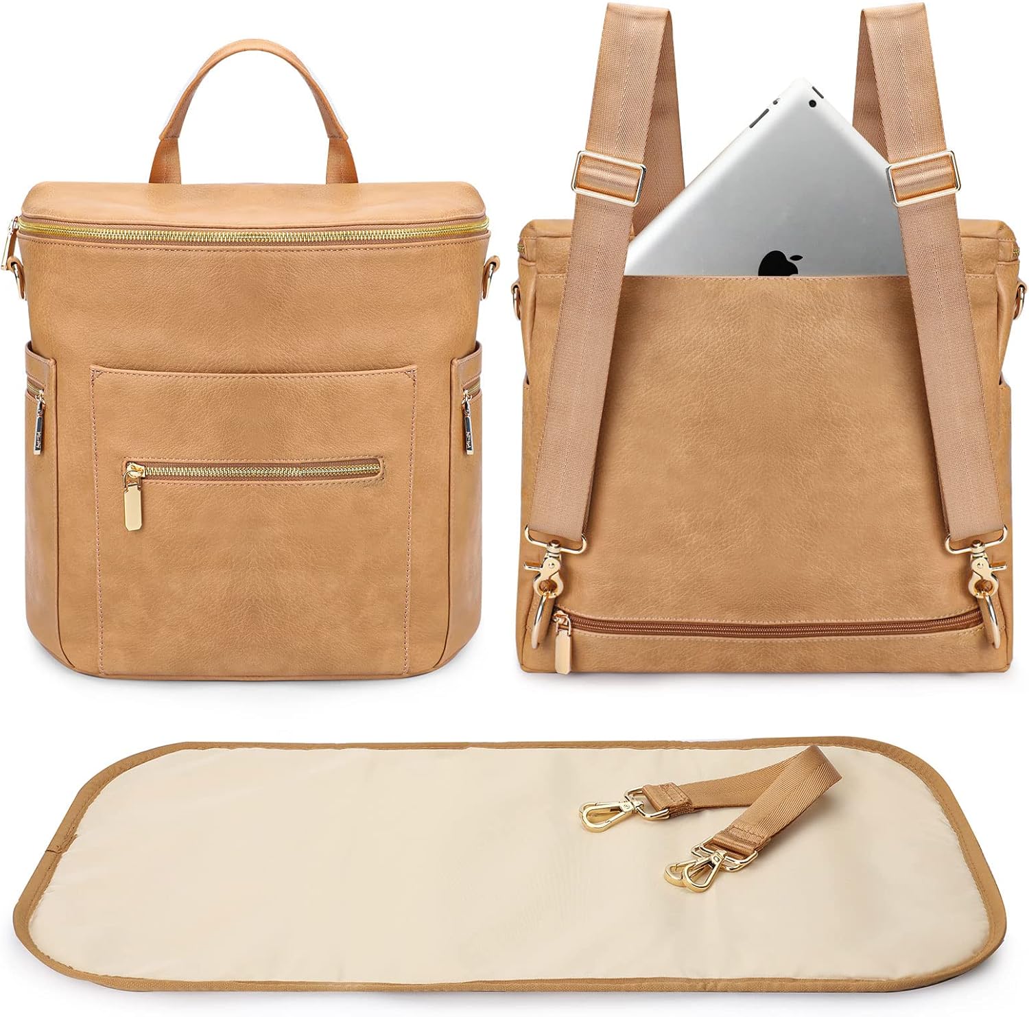 Miss Fong Leather Diaper Bag Backpack front view in peanut brown finish.