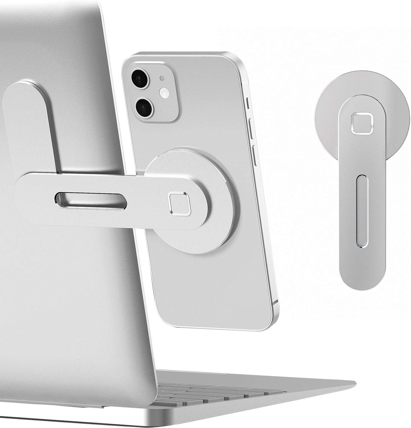 CloudValley Magnetic Phone Holder for Laptop in silver front view attached to a MacBook screen