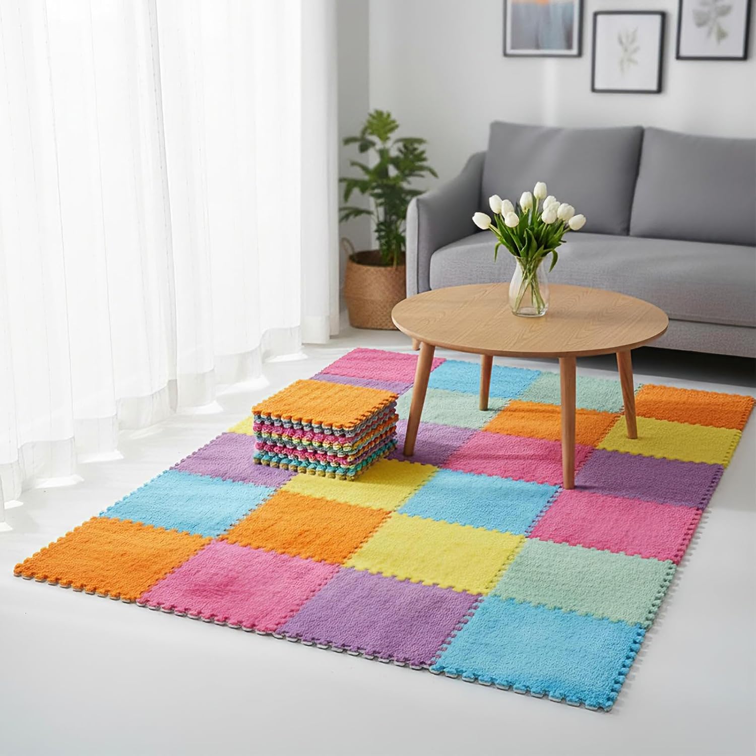 Tinideya plush interlocking carpet tiles set front view
