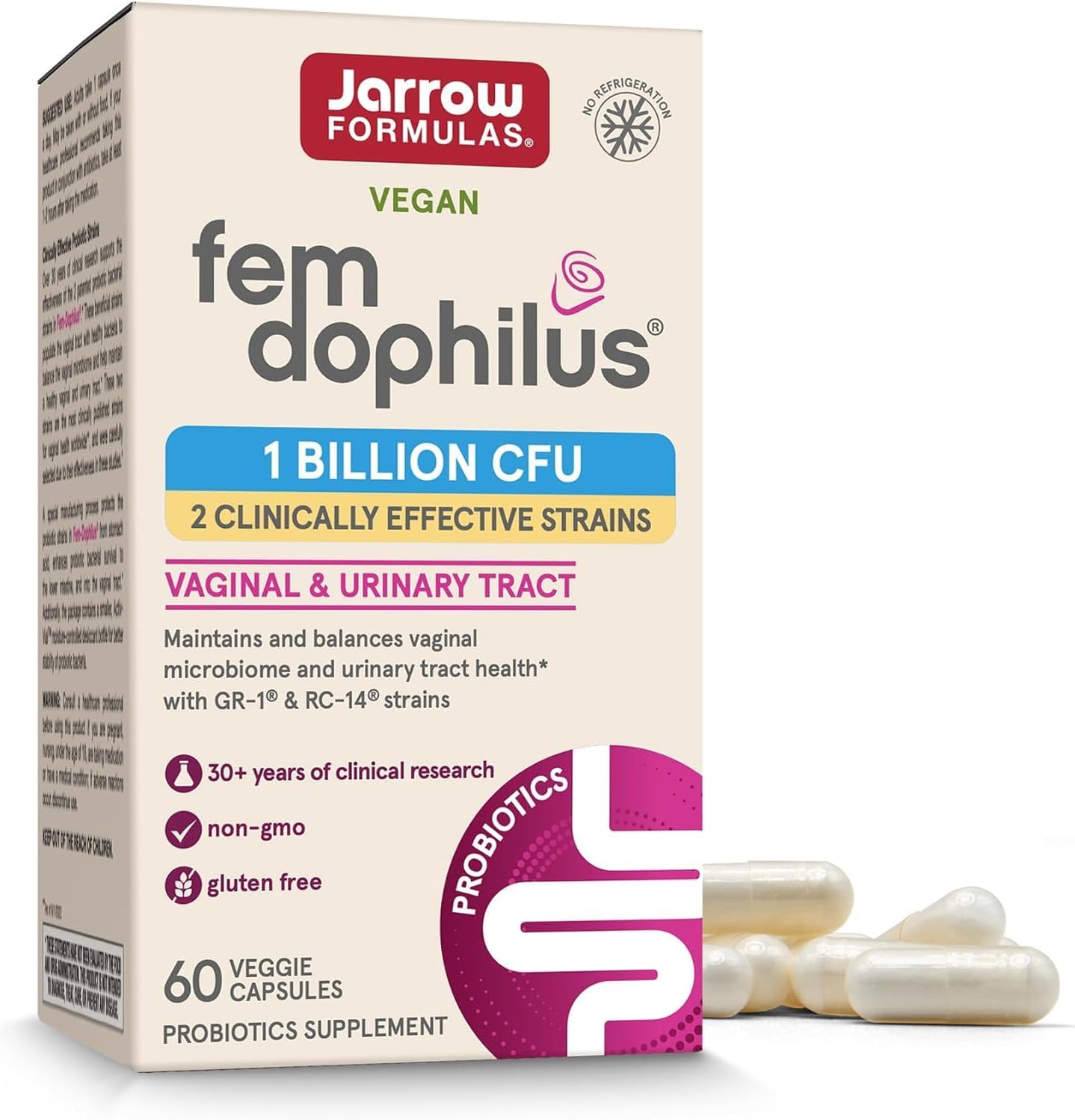 Jarrow Formulas Fem-Dophilus 60 veggie capsules front bottle view for women's probiotic health in India.