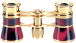 Eschenbach Glamour Opera Glasses front view showcasing the burgundy red finish and gold-plated accents for luxury theatre binoculars.