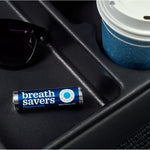 Close up view of Breath Savers peppermint flavored rolls showing product facts
