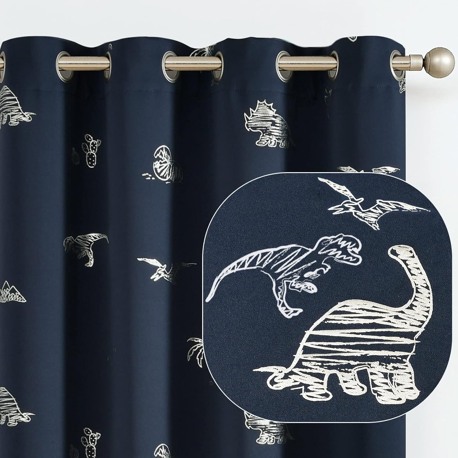 Vangao kids blackout dinosaur curtains front view in navy blue color.