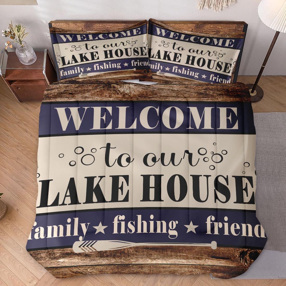 WeCozy cabin fishing bedding rustic woodboard pattern