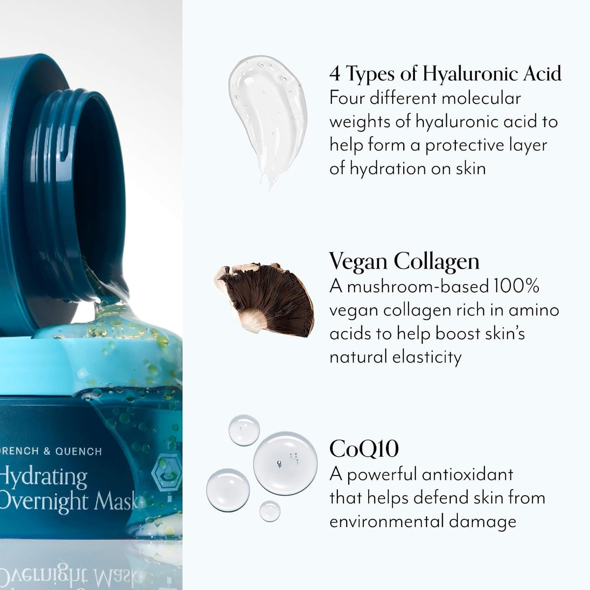 Bliss Drench And Quench overnight mask texture showing the lightweight jelly formula with antioxidant beads