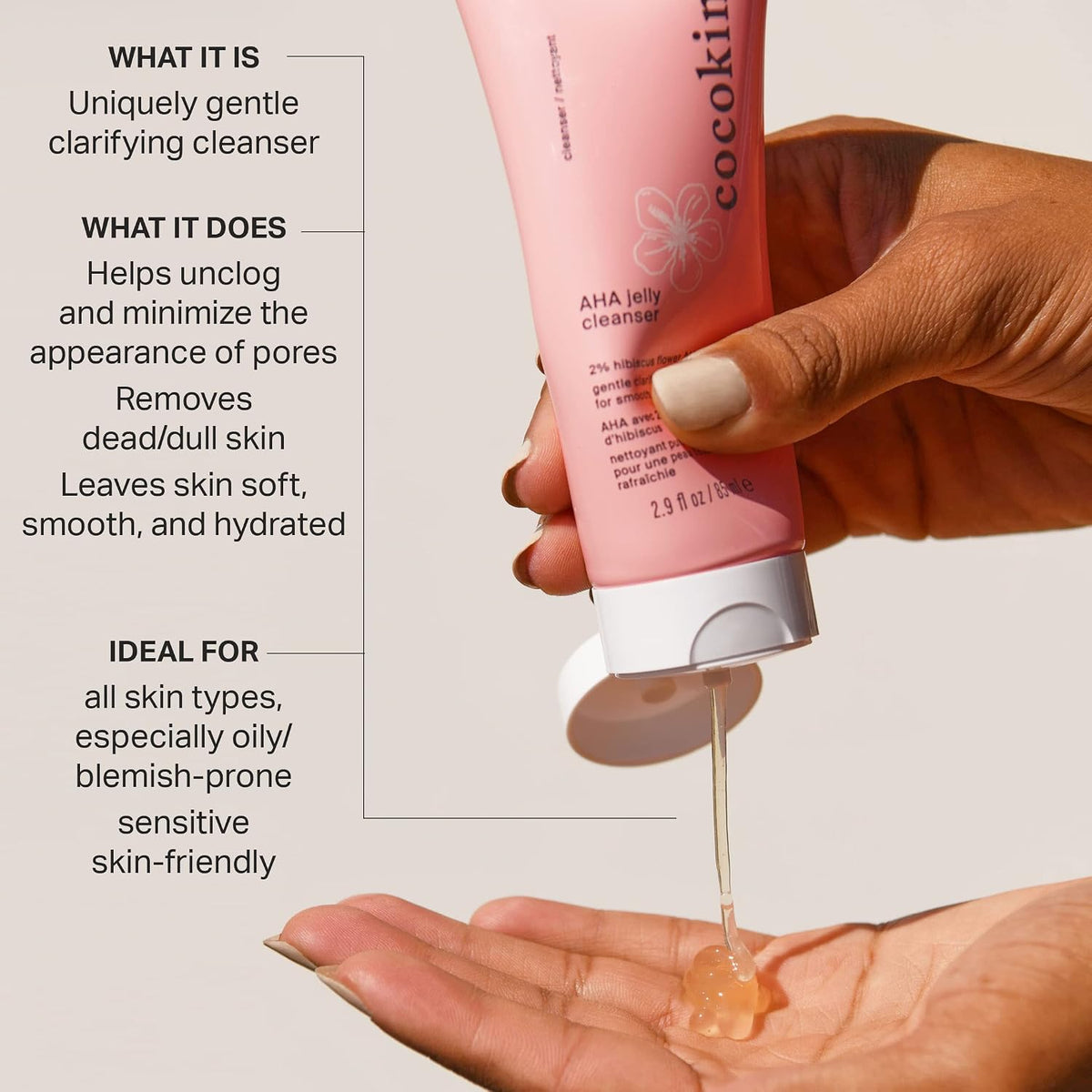 Cocokind AHA Jelly Cleanser texture shot of the low foaming clear gel