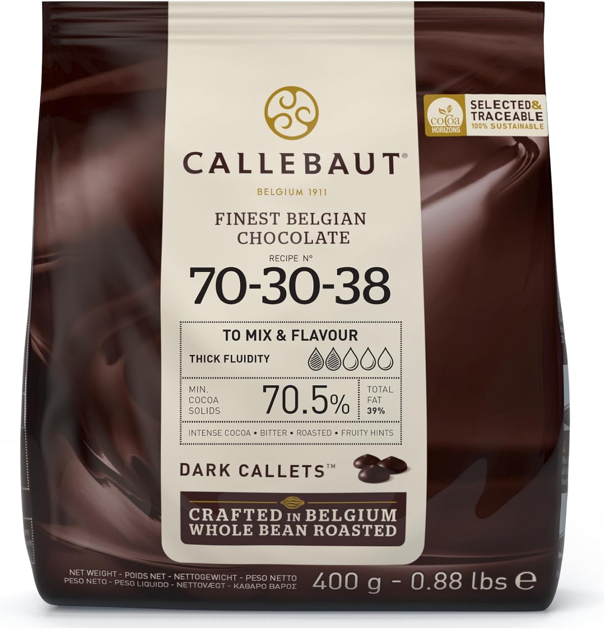 Callebaut dark chocolate callets 400g front view packaging