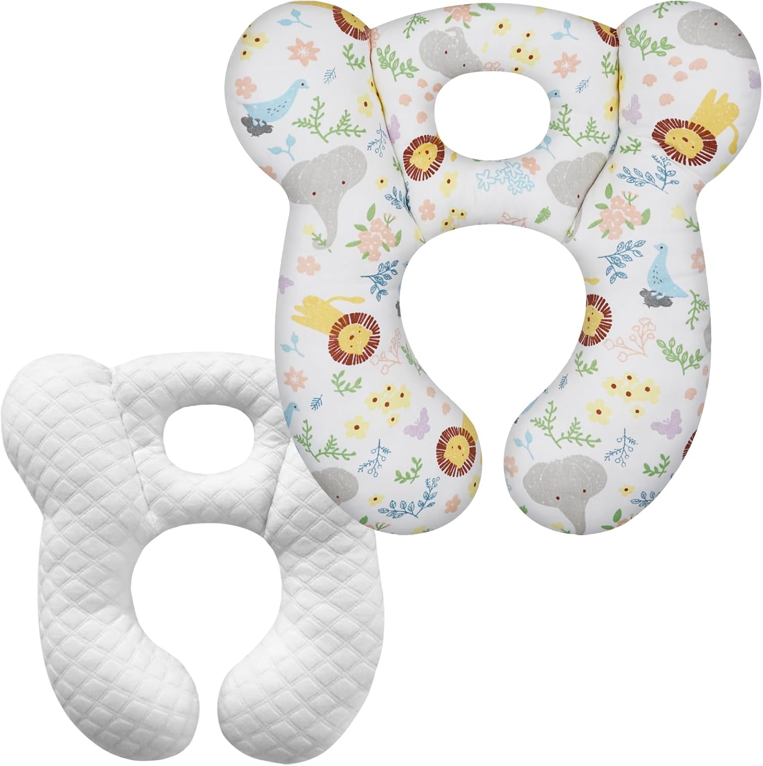 ZHOMA baby travel pillow lion white front view showing ergonomic U-shape support cushion for car seats