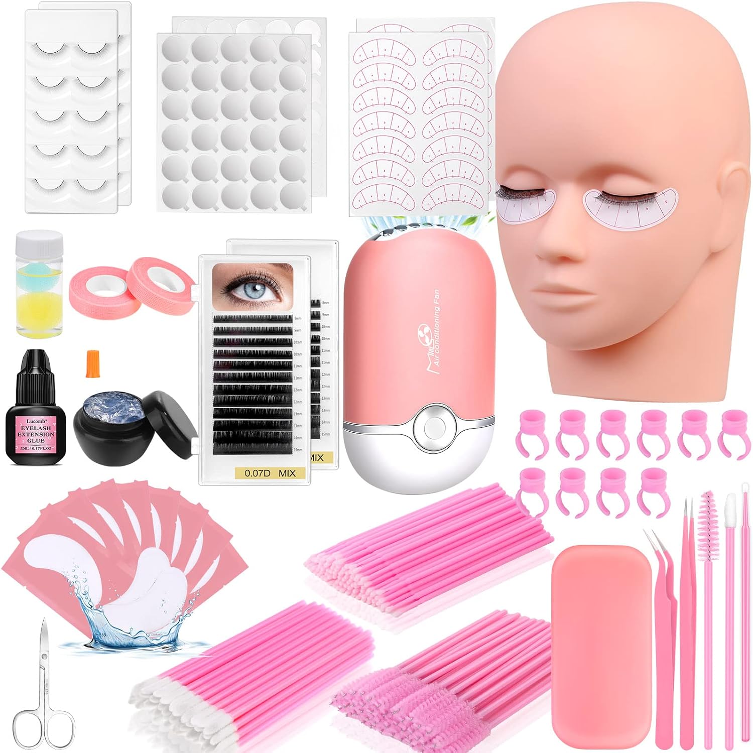 Lashes Kit for Beginner, Eyelash Extension Kit with Eye Lash Mannequin Head, Individual Lash Glue, Eyelash Remover, Fan, Extension Supplies Tools for Practice Training - Image 1