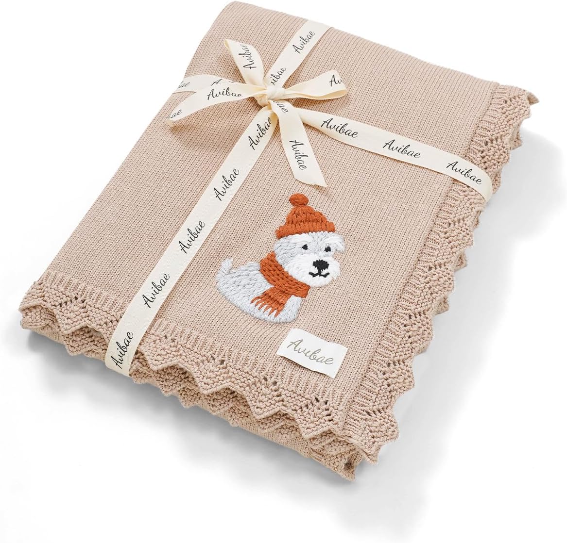 Avibae cable knit baby blanket light camel front view