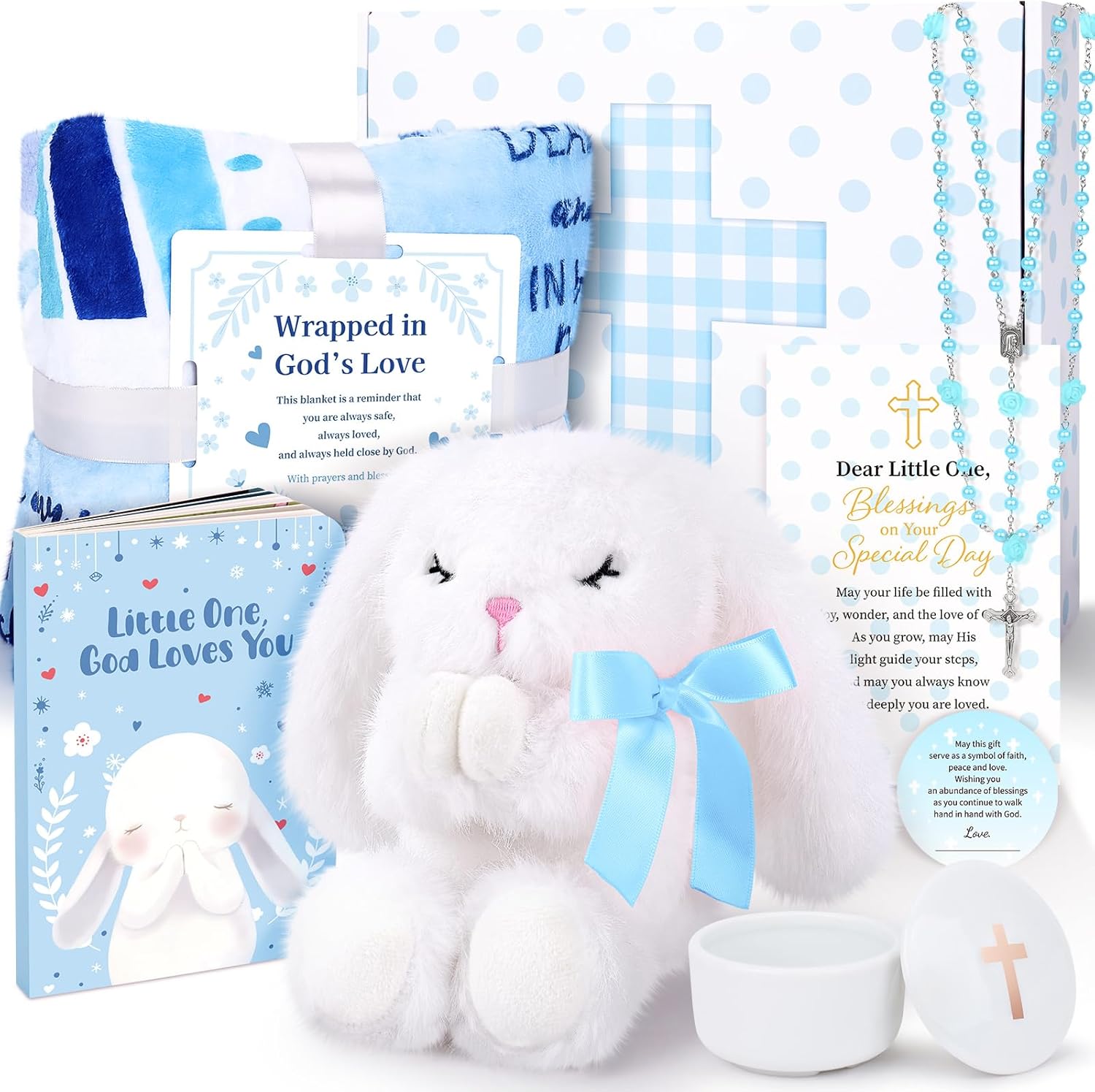 LOMEVE baptism gifts for boy complete blue keepsake set front view