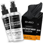 EVEO glasses cleaner spray kit front view showing two spray bottles and premium microfiber cleaning cloths