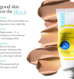 Texture shot of Bliss daily tinted sunscreen demonstrating its blendable primer finish.