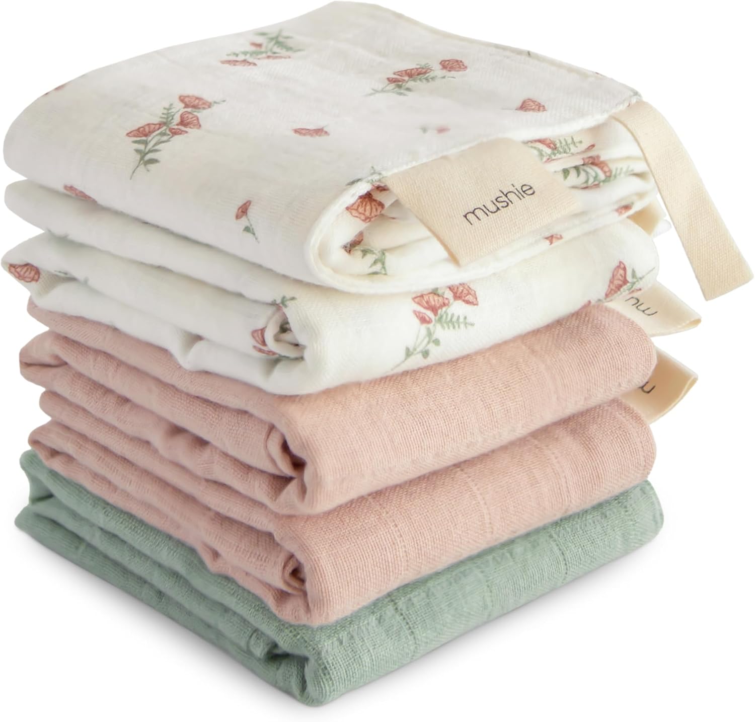 Mushie Muslin Organic Cotton Washcloths 5-Pack Pink Flowers front view