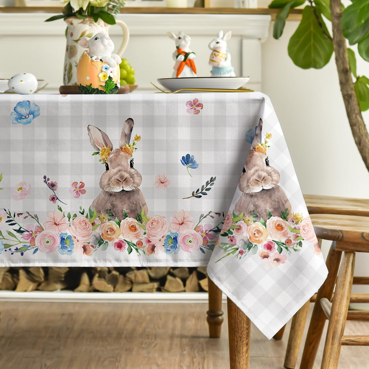 Close-up view of the watercolor spring flower and bunny pattern details.