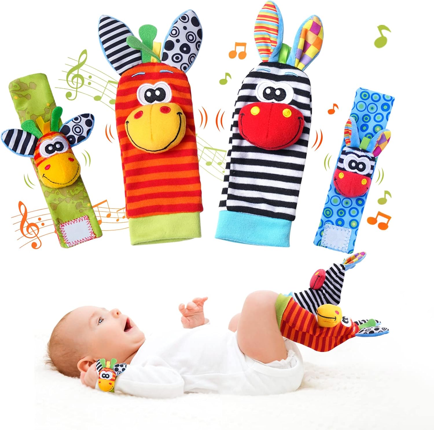PHEZAPA baby wrist rattles and foot finder socks set front view showing classics donkey design