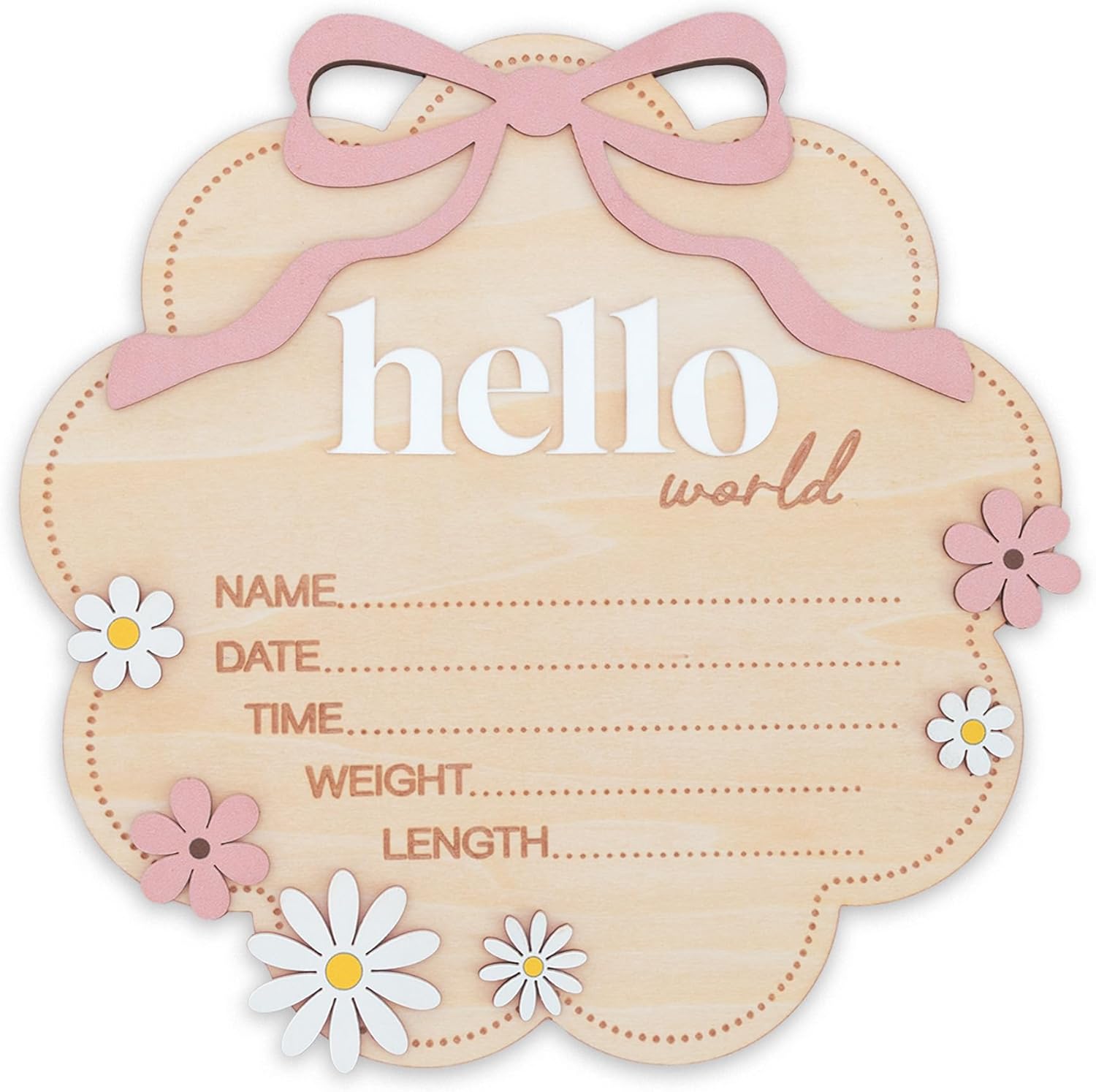 TTMerriwood Hello World wooden baby birth announcement sign front view featuring light pink bow and daisy accents.