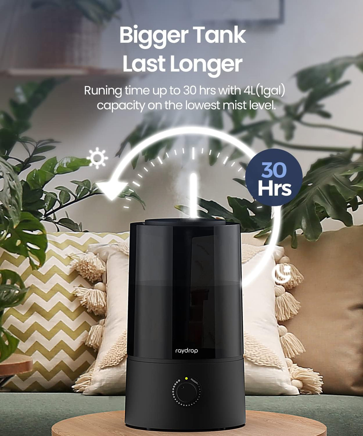 Raydrop black humidifier transparent water tank