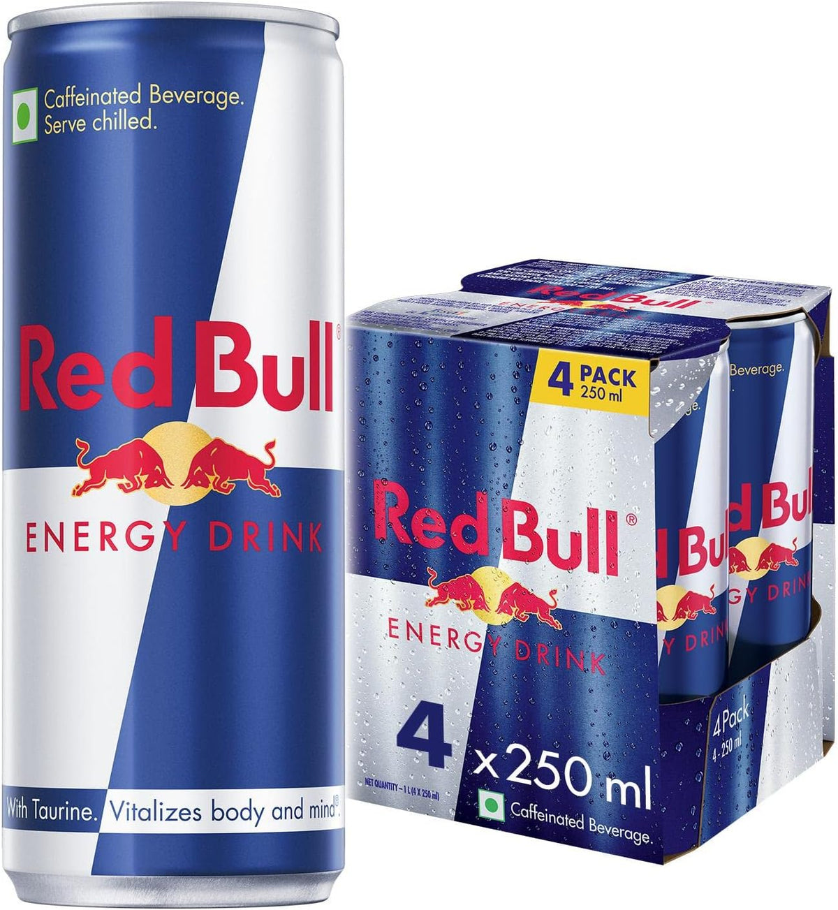 Red Bull energy drink 250 ml pack of 4 front view refreshing beverage