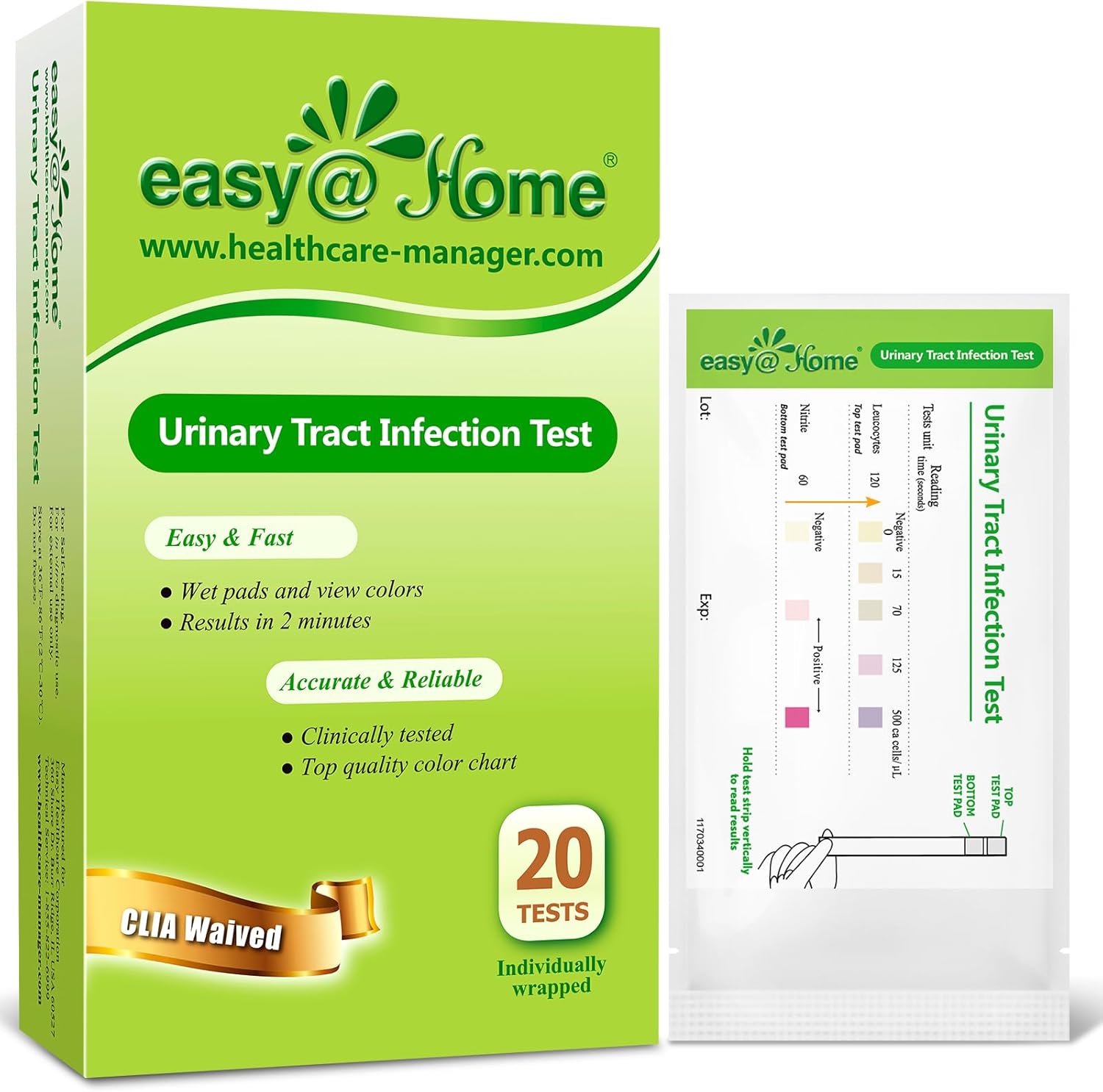 Easy@Home 20 Individual Pouches Urinary Tract Infection FSA Eligible Test Strips (UTI Test Strips) Monitor Bladder or Urinary Tract Issues by Testing Urine, 20 Tests/Box-FDA Cleared (UTI-20P) - Image 1