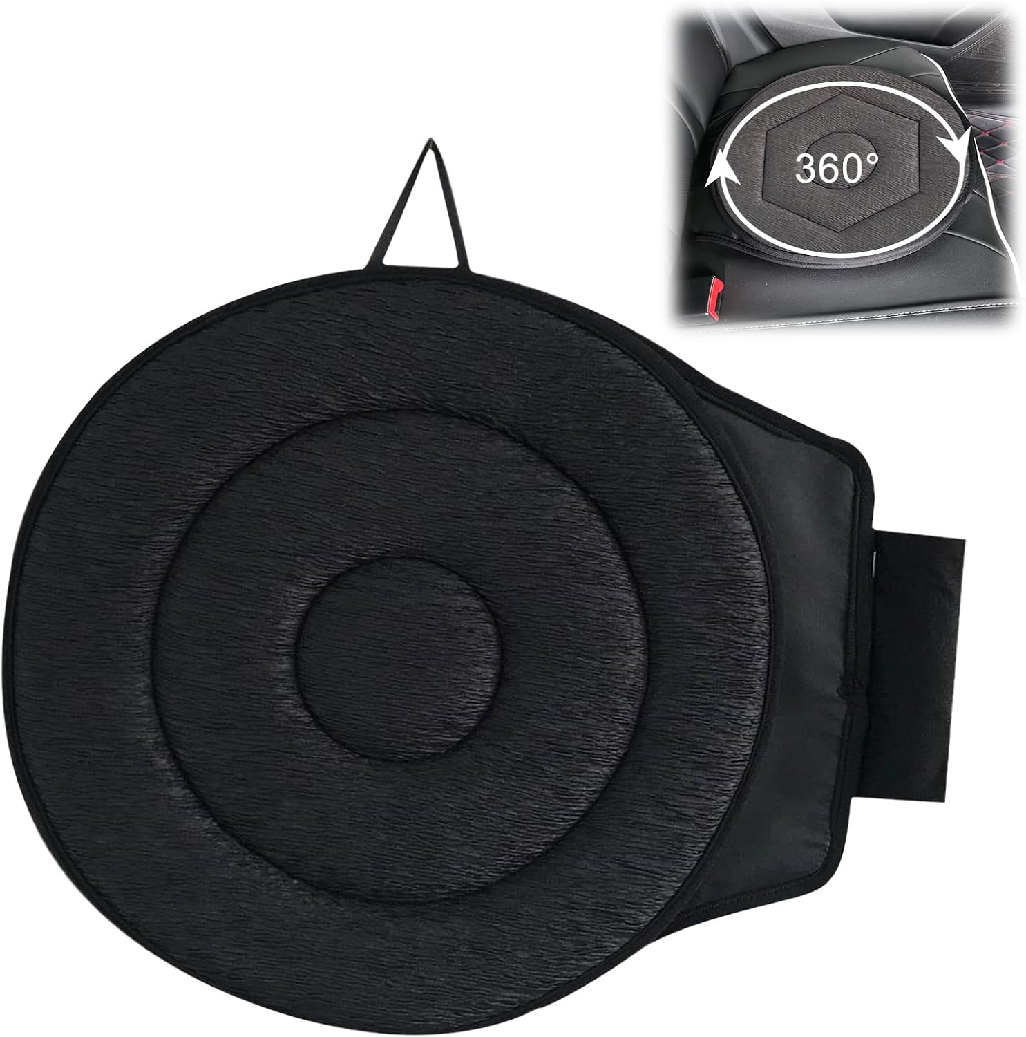 Cijikos 360 rotating car seat cushion front view showcasing the black breathable fabric top.