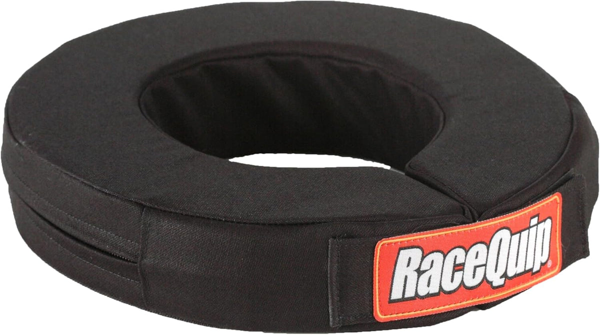 RaceQuip 360 Degree Helmet Support front view showing the black flame retardant woven cover and tapered design.
